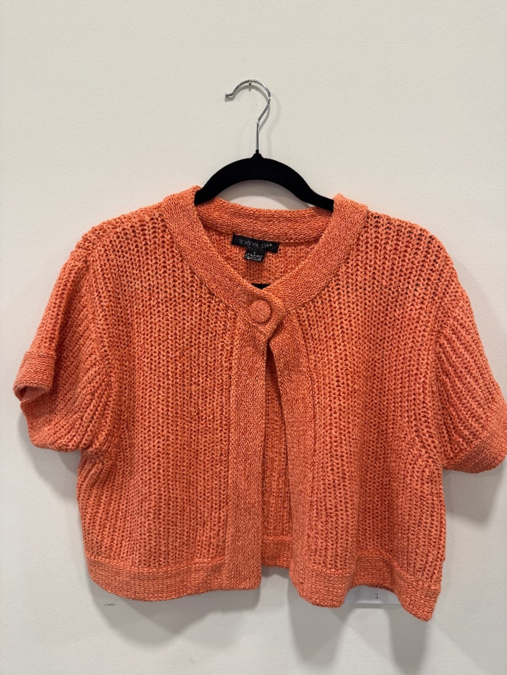 August Silk Coral Open Knit Cardigan Size L One Button Short Sleeve